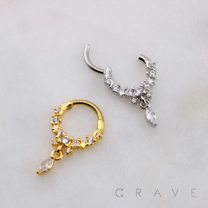 MARQUISE CZ DANGLE SEPTUM HINGED SEGMENT HOOP RING 316L SURGICAL STEEL 